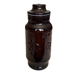Vintage 1970s Borden Apothecary Jar Cremora Amber Glass with Lid Fleur-De-Lis